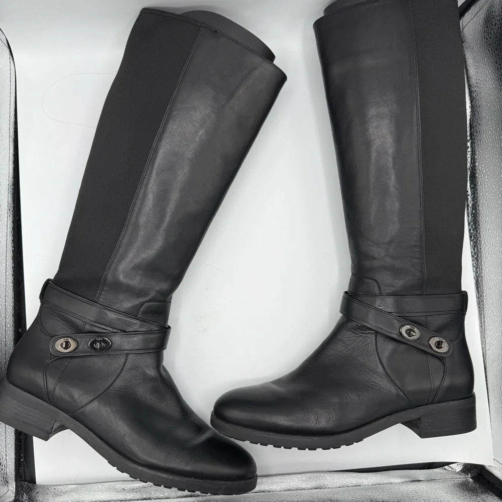 COACH | Essex Semi Matte Leather Tall Boots, Black 9.5 B wide calf/ regular - Picture 2 of 11